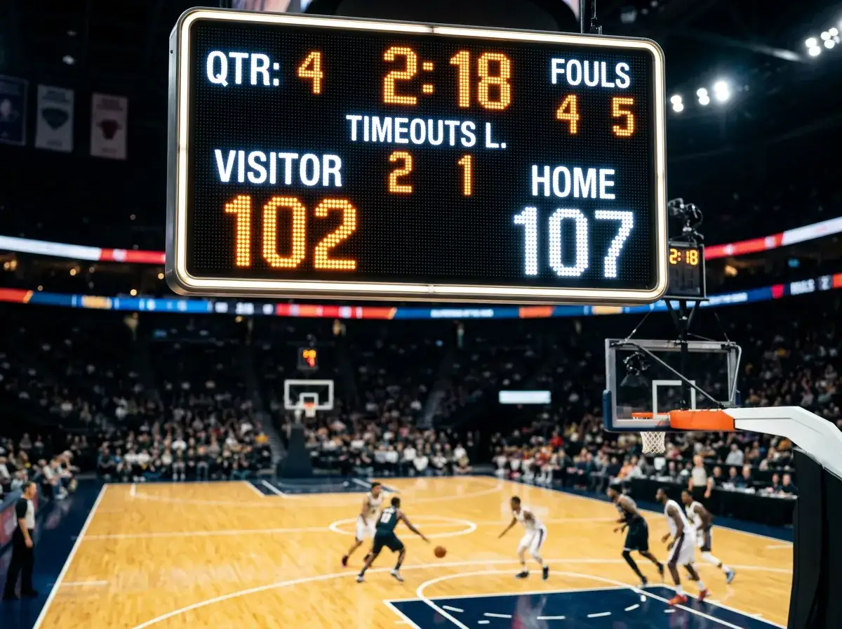 NBA scoreboard displaying point spread numbers with basketball court in background
