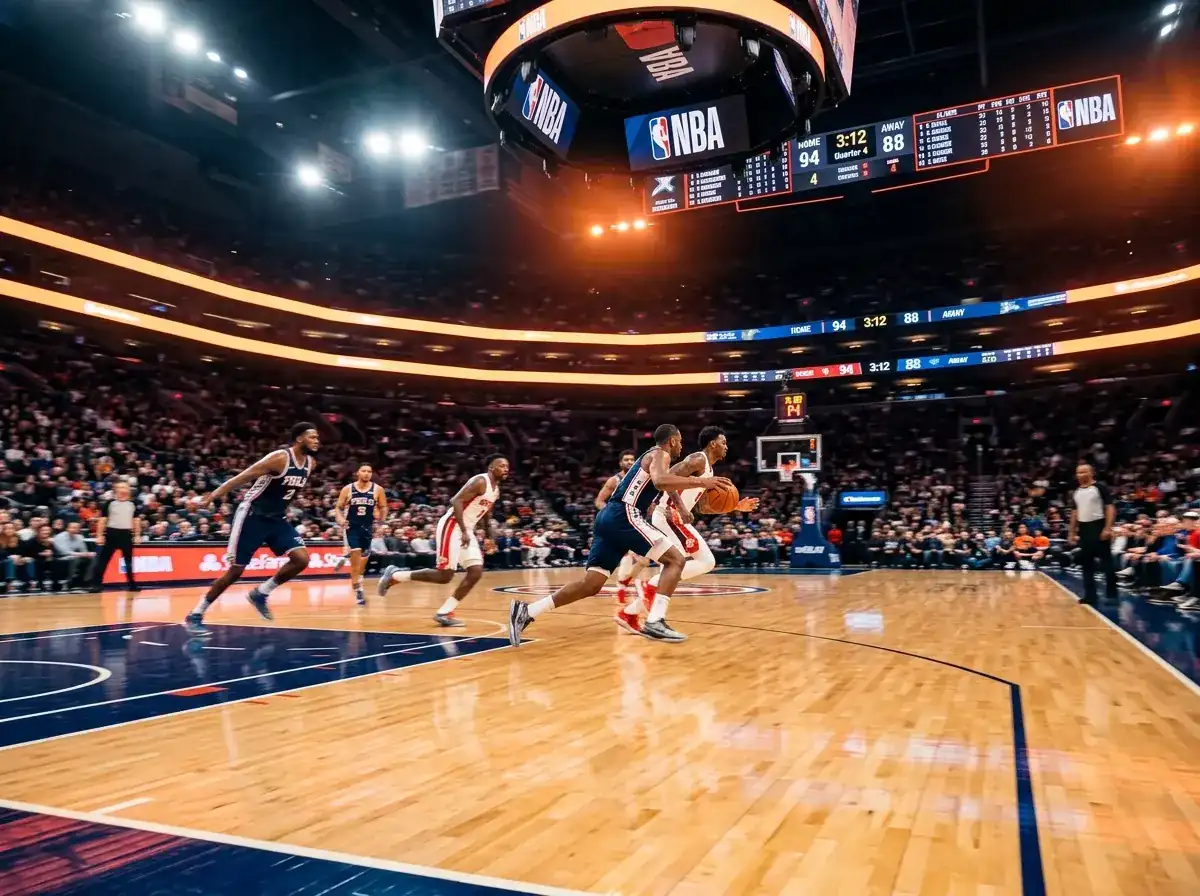 NBA basketball court with statistical data overlay representing betting analytics and ATS records