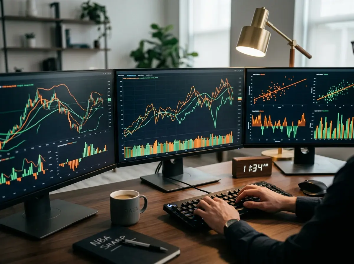 Professional bettor analysing NBA statistics on multiple screens showing line movements